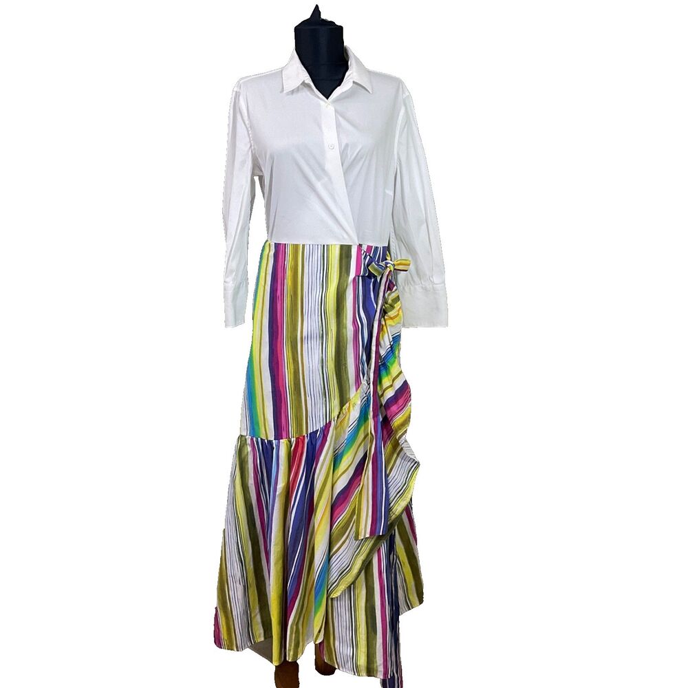 Sara Roka Madlyn Maxi shirt wrap dress 46/US 10 multicolor ruffle Italy pockets